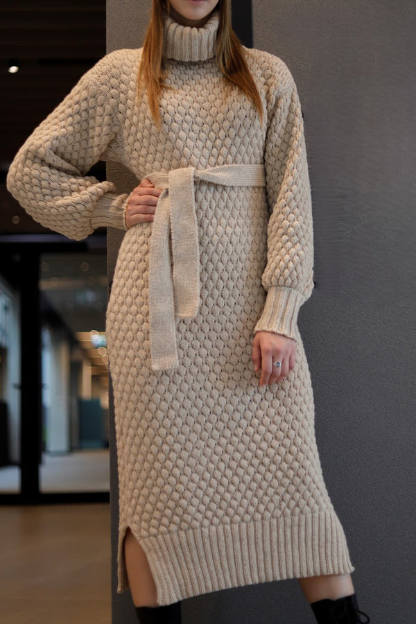 Matilda Dress – bubble-knit merino wool dress with puff sleeves