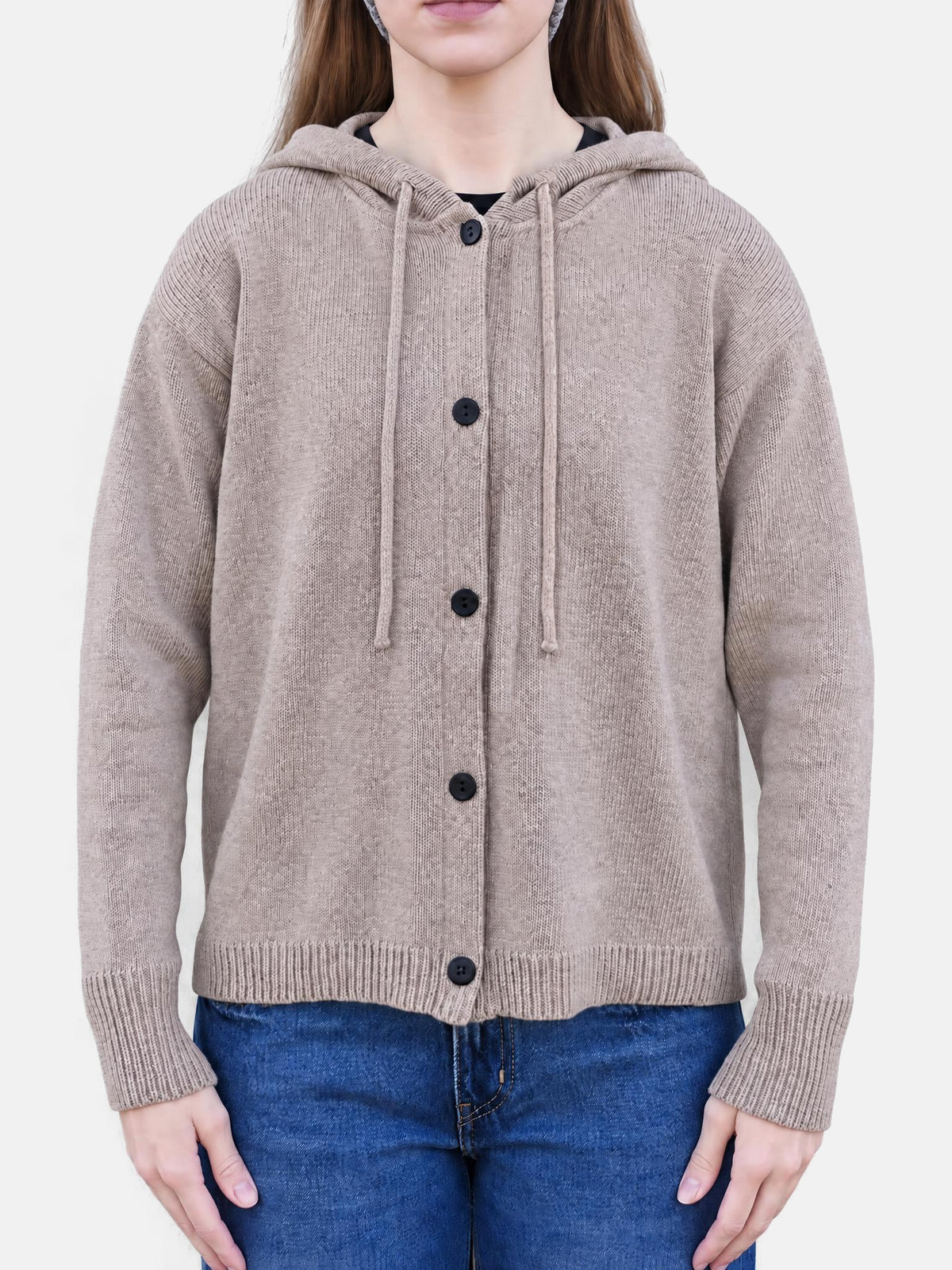 Merino Hoodie, beige – button-up unisex merino wool hoodie, front view buttoned