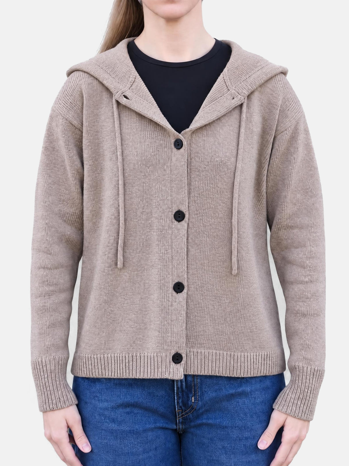 Merino Hoodie, beige – hooded merino wool cardigan, front view with top button open