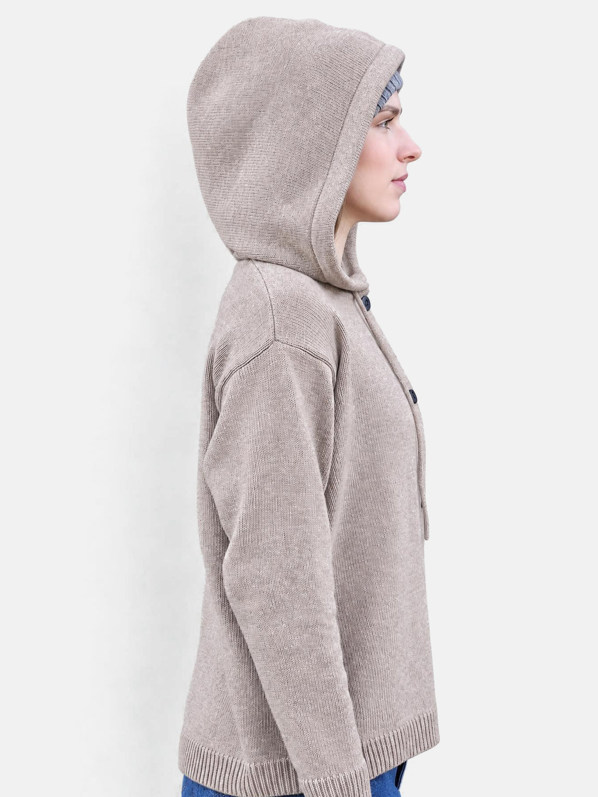 Merino Hoodie, beige – hood up, side view