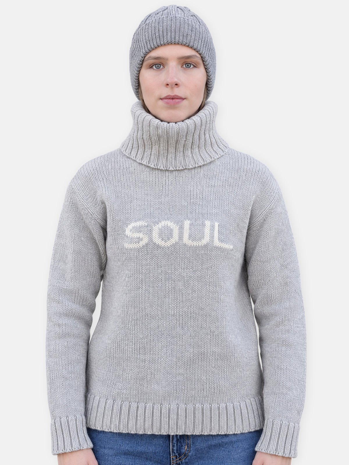 Soul Sweater, light grey – roll-neck merino wool sweater with SOUL lettering
